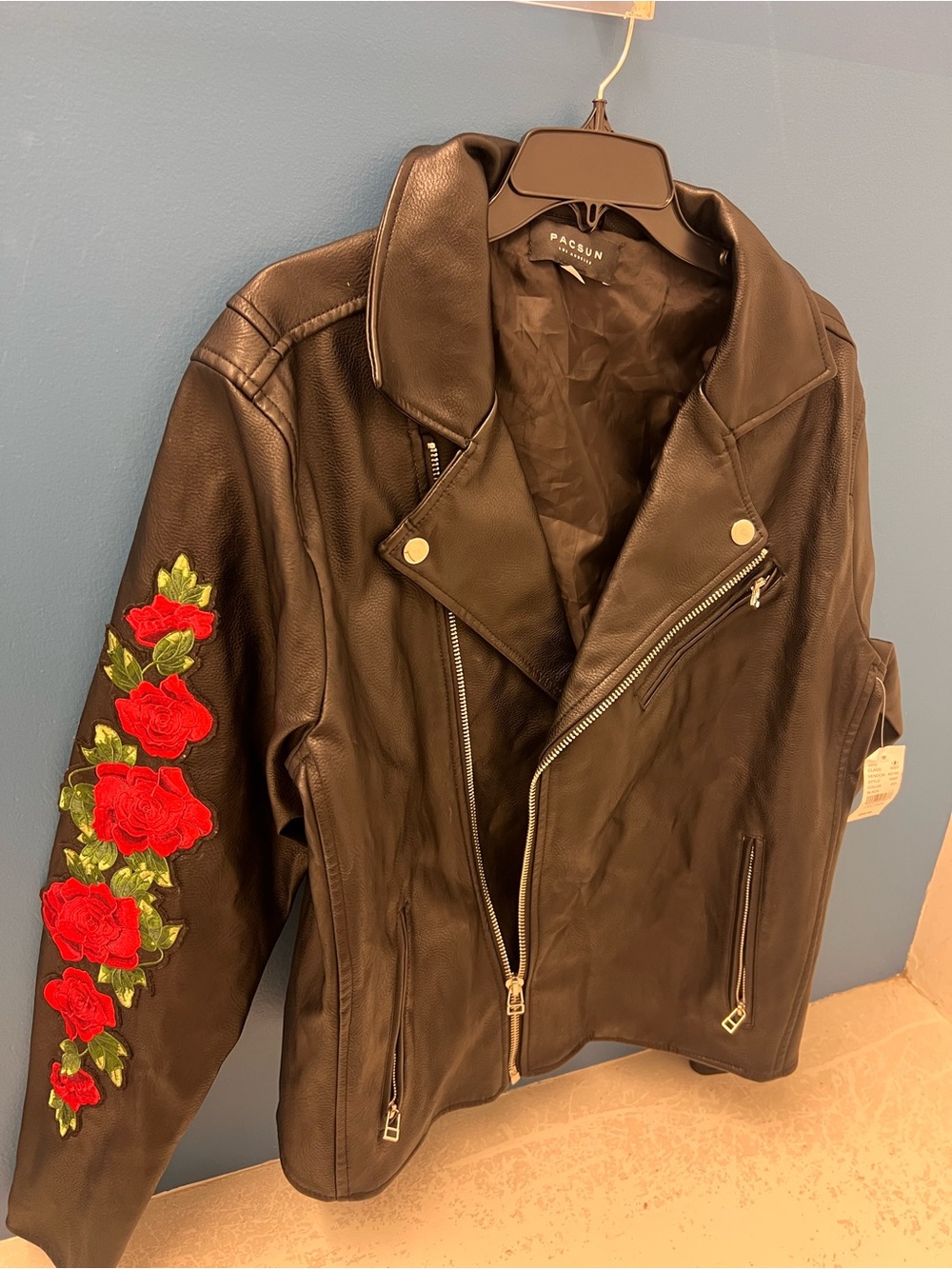 PacSun Black Faux Leather Moto Jacket with Red Rose Sleeve Embroidery